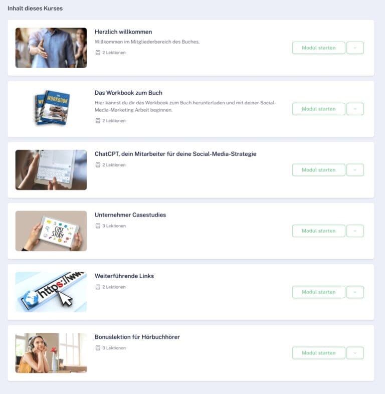 Screenshot des Buch-Mitgliederbereichs mit Workbook, Videos und Bonuslektionen